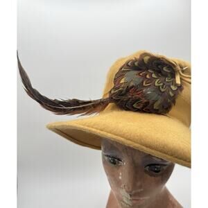 Melosoie Henry Pollak Yellow 100% Wool Hat with Ribbon Band Feather 10” Derby 7